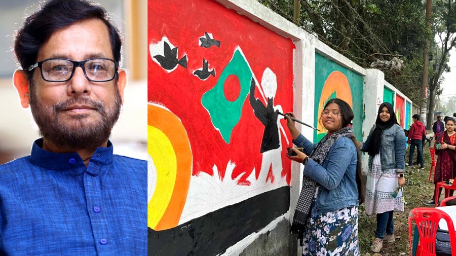 দেয়ালে ছবি আঁকছে শিক্ষার্থীরা, নেপথ্যে আসাদুজ্জামান নূর